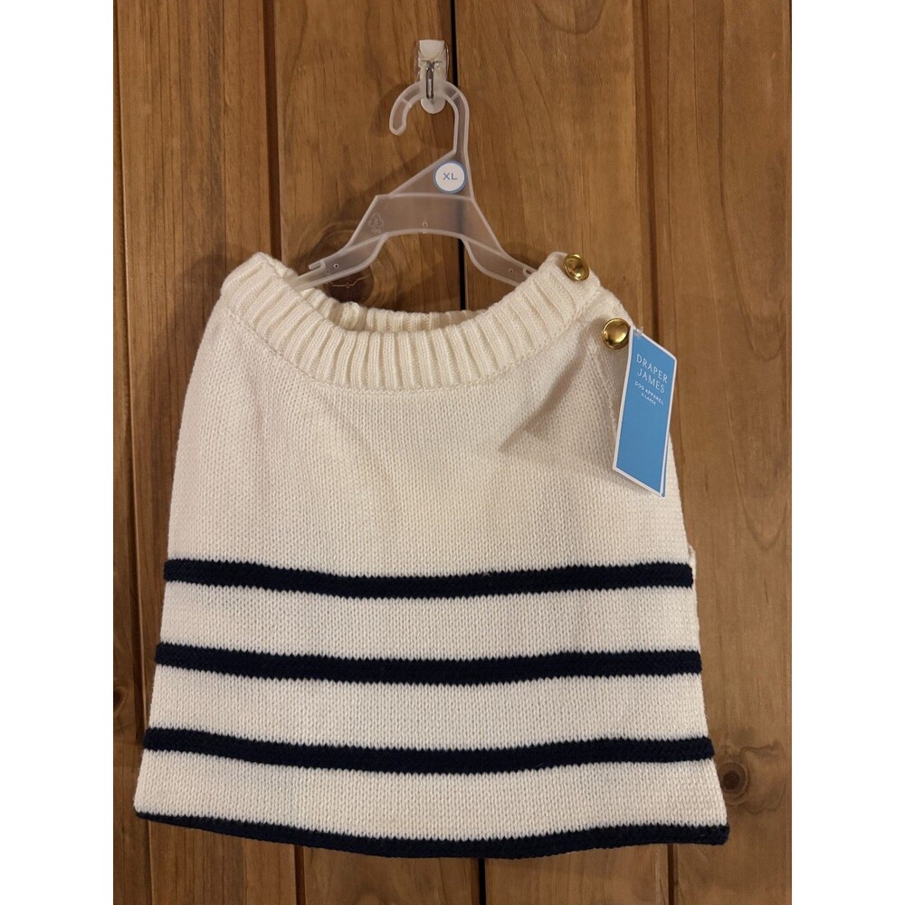 Draper James XL Dog Sweater White With Navy Stripes Gold Buttons